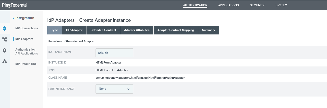 Adapter Authentication Type HTML Form IDP
